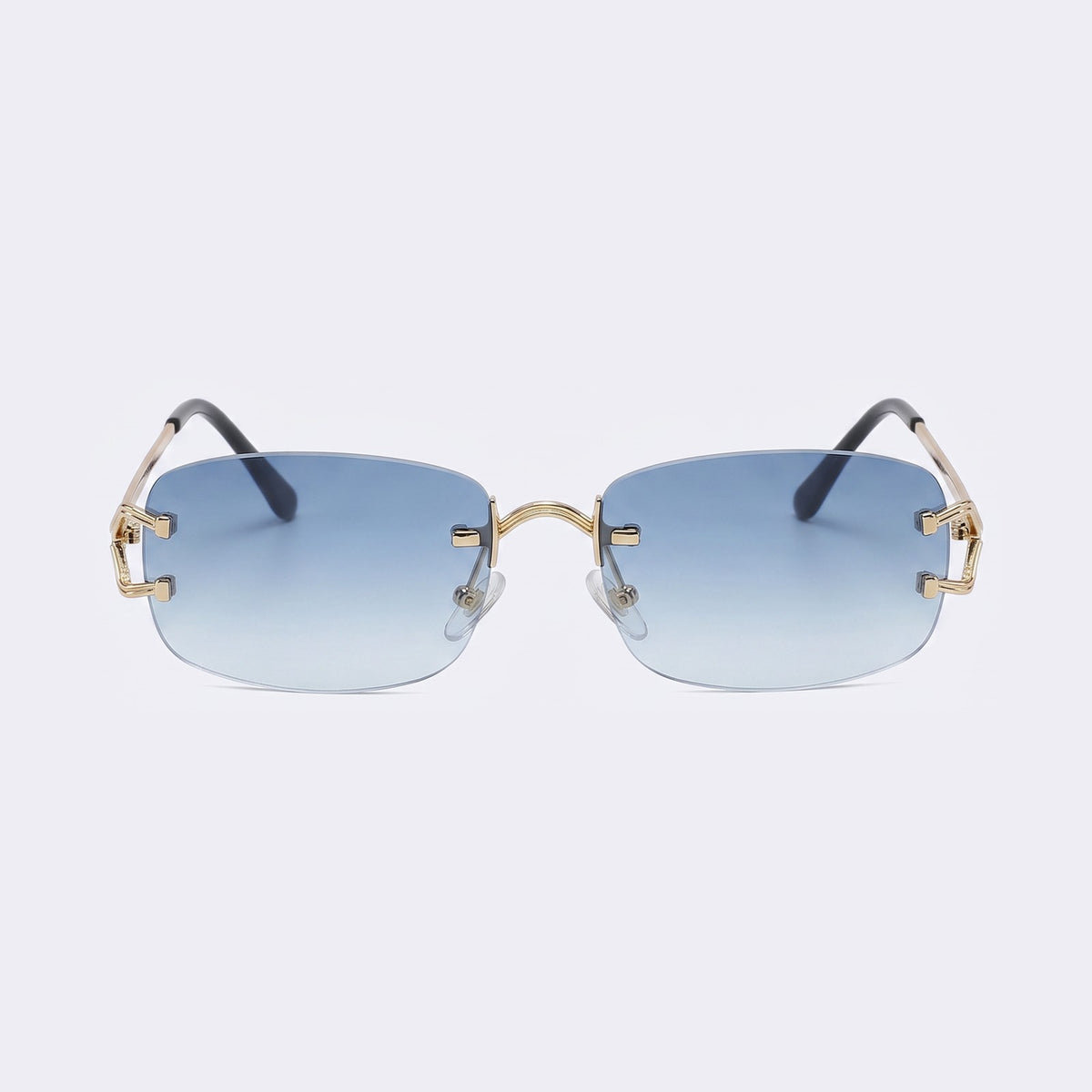 Rimless rectangular sunglasses with gold metal details and gradient blue lenses, front view — Moritz — Velezeco #opt1_4