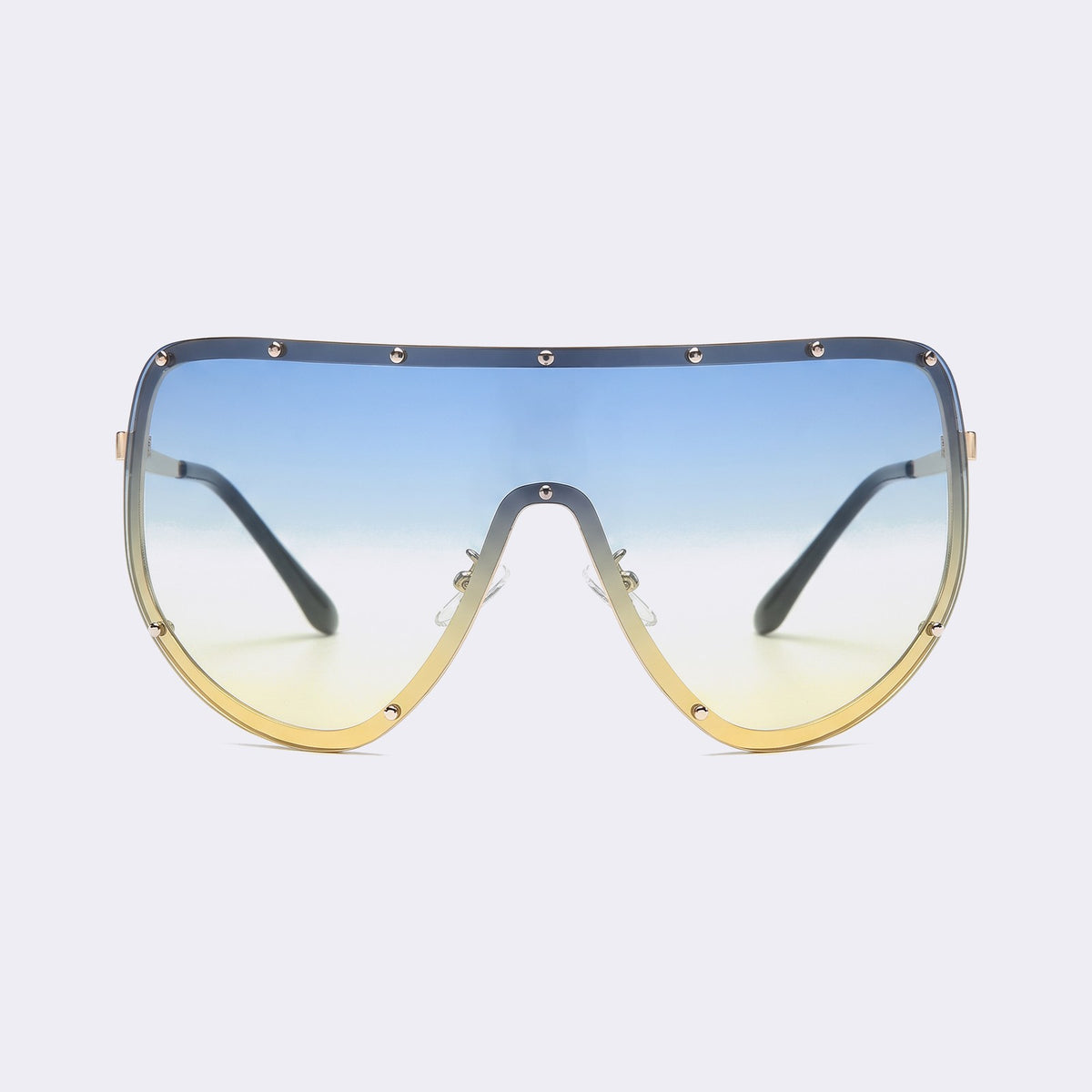 Oversized shield sunglasses with gold studded rim and blue-to-yellow gradient lens, front view — Mykonos — Velezeco #opt1_7