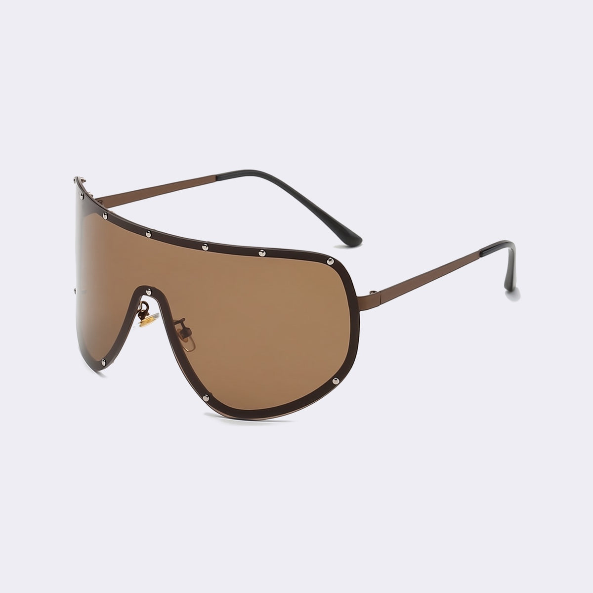 Three-quarter view of the brown studded rim and brown lens showing the studded metal rim — Mykonos — Velezeco #opt1_3