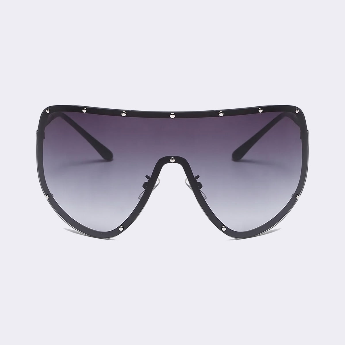 Oversized shield sunglasses with black studded rim and gradient grey lens, front view — Mykonos — Velezeco #opt1_2