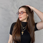 Model wearing Louiz oval blue light glasses — Velezeco