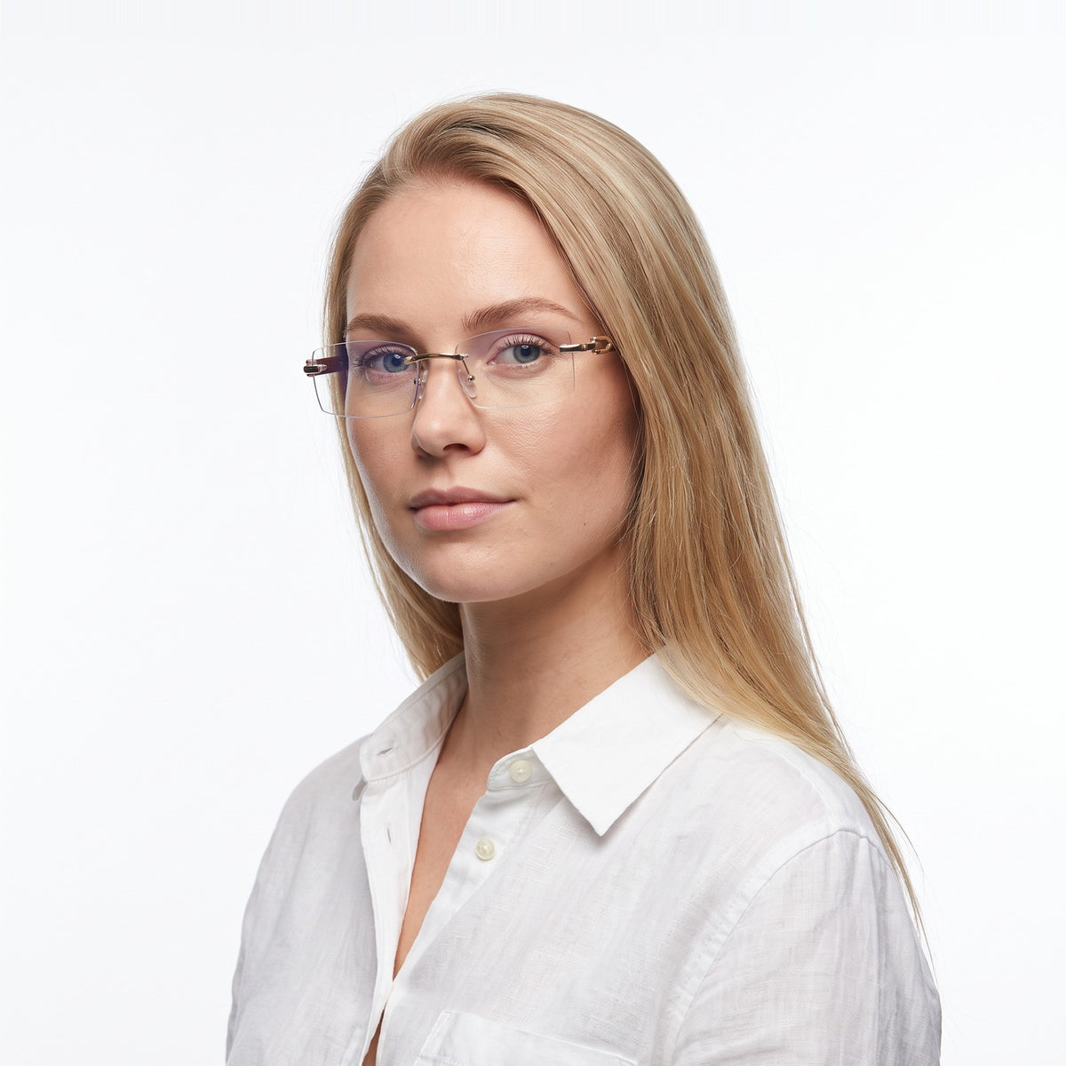 Woman in a white linen shirt wearing Phantom rimless blue light glasses with clear lenses and wood-grain temples · Velezeco #opt1_3