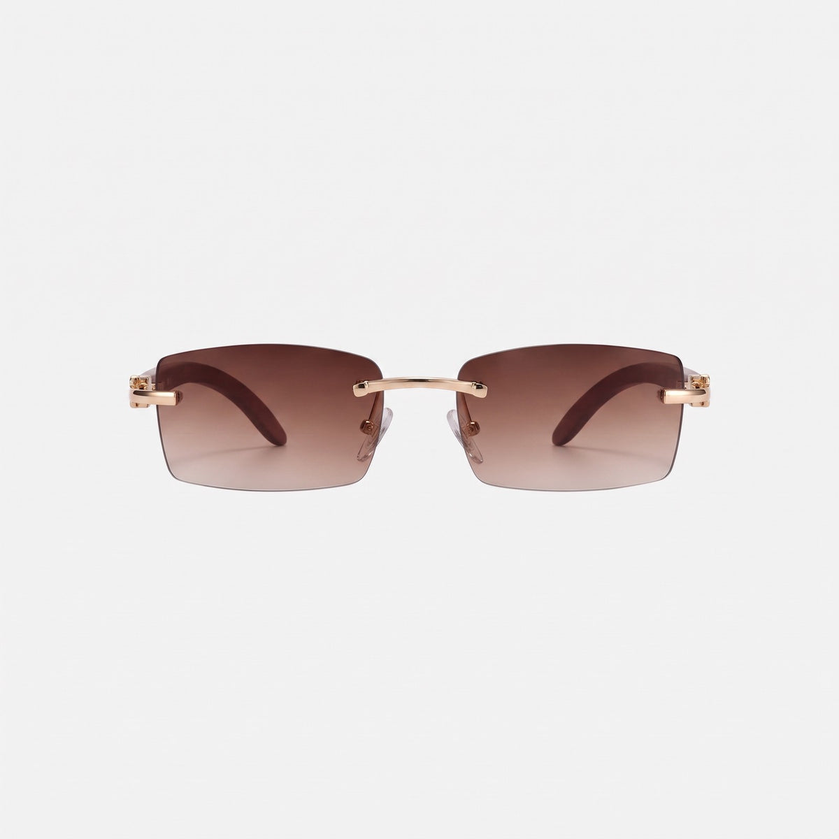 Phantom rimless sunglasses with brown gradient lenses and wood-grain temples, front view · Velezeco #opt1_2