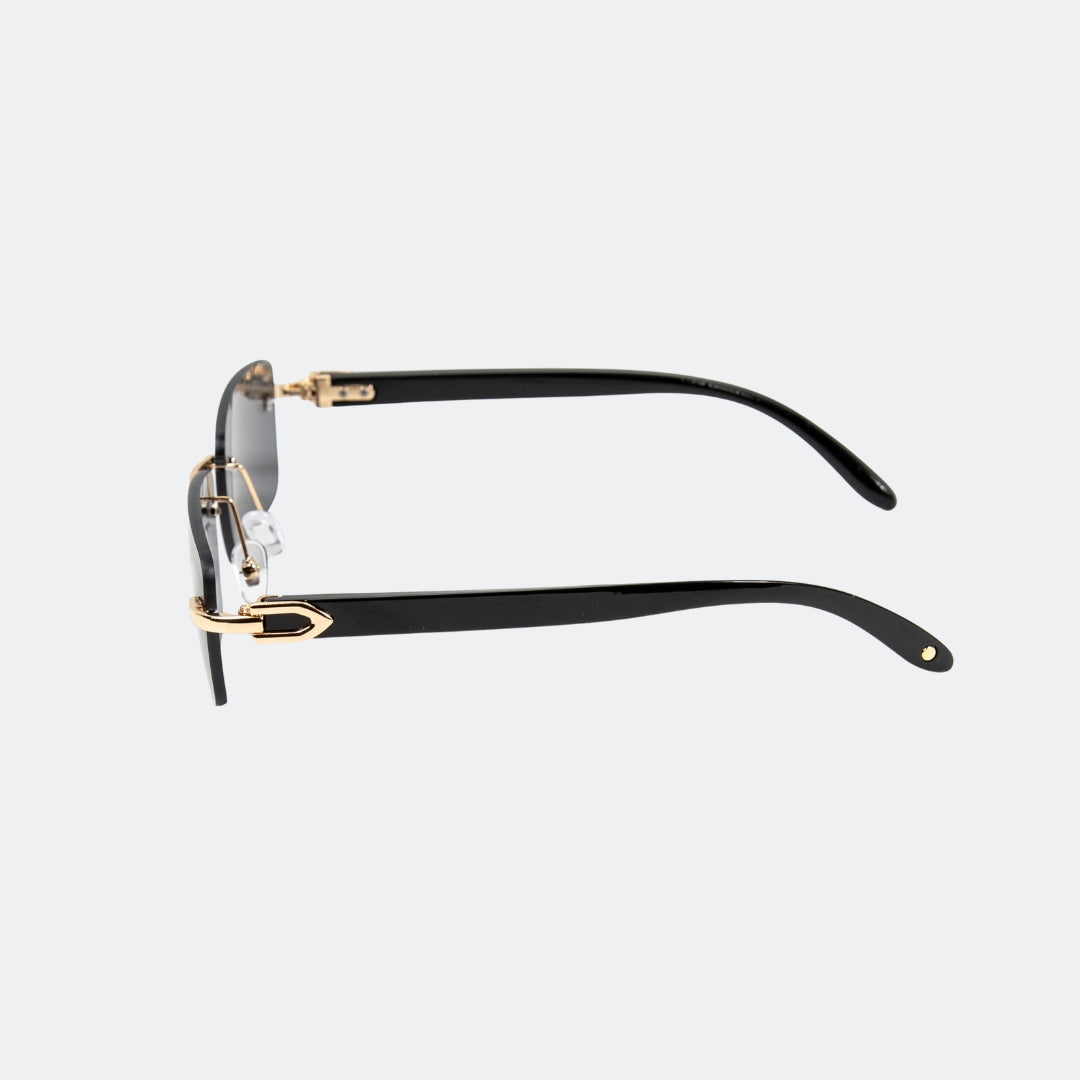 Phantom rimless sunglasses with grey gradient lenses and black temples, side view · Velezeco #opt1_1