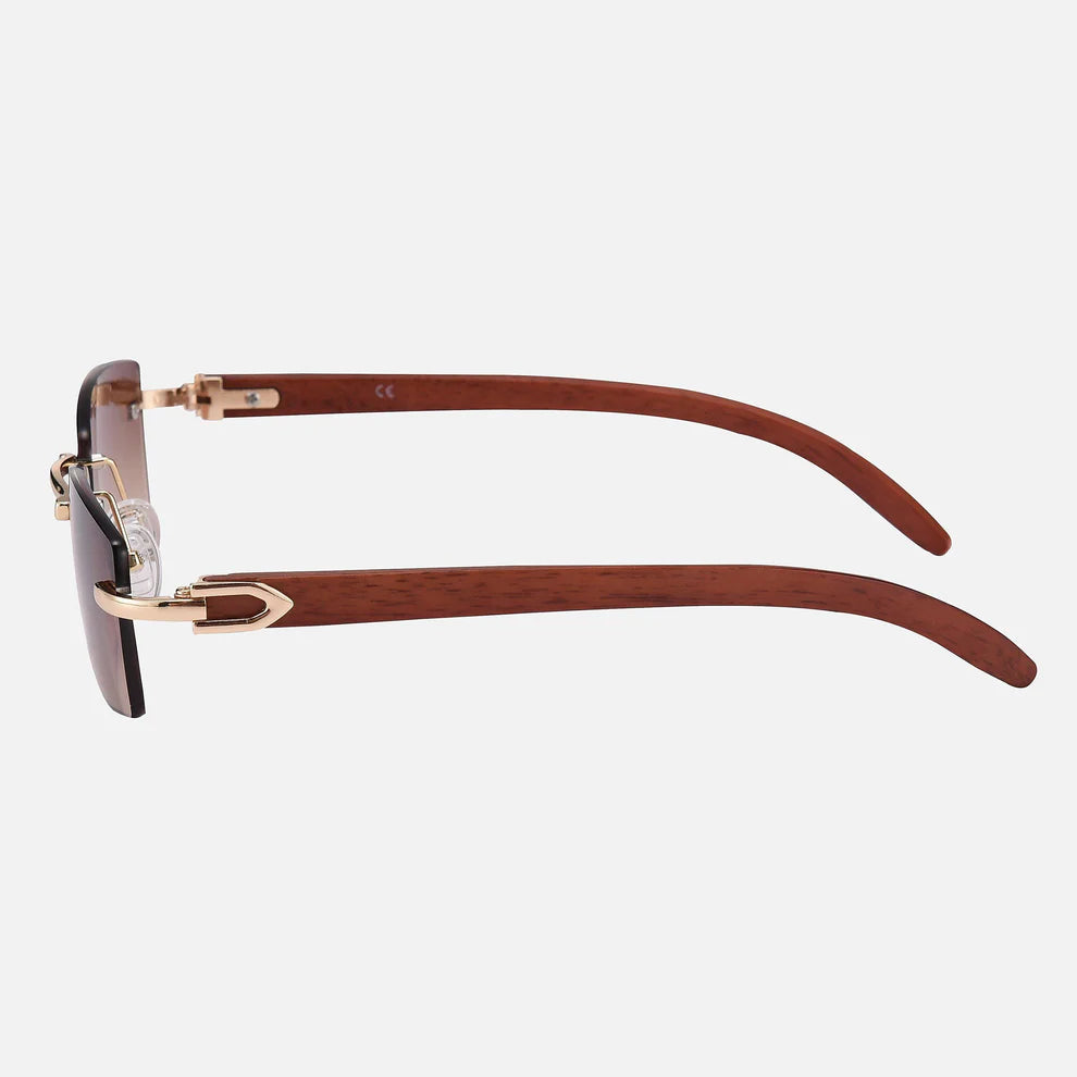 Phantom rimless sunglasses with brown gradient lenses and wood-grain temples, side view · Velezeco #opt1_2