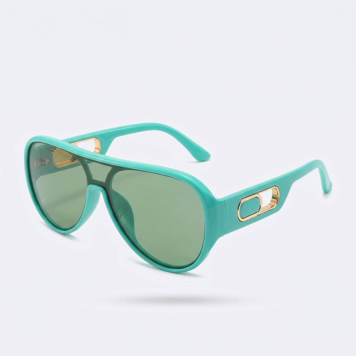 Three-quarter view of the aqua turquoise frame and green lens showing the gold temple cut-out — Portofino — Velezeco #opt1_2