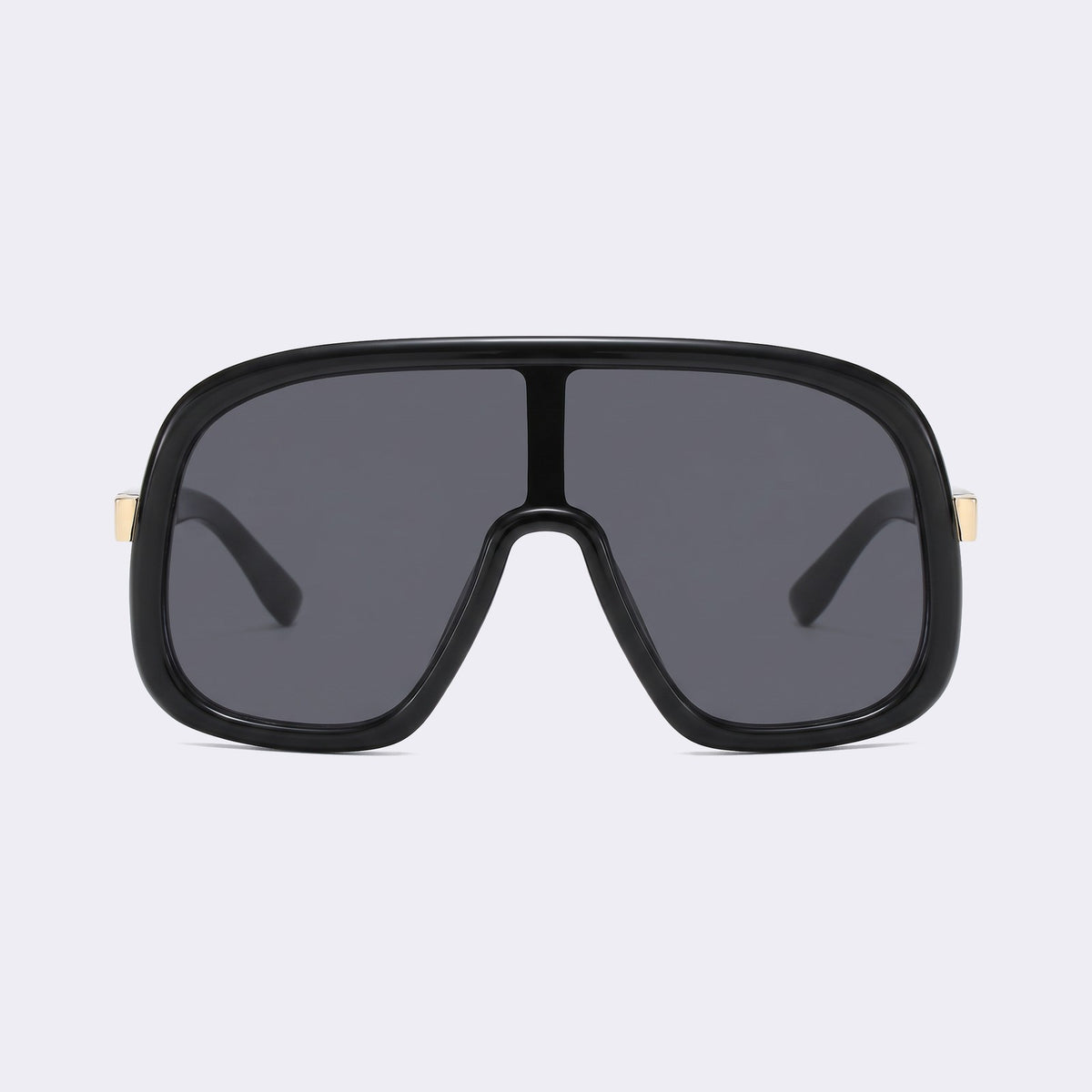 Oversized shield sunglasses with glossy black frame and solid grey lens, front view — Saint-Tropez — Velezeco #opt1_1