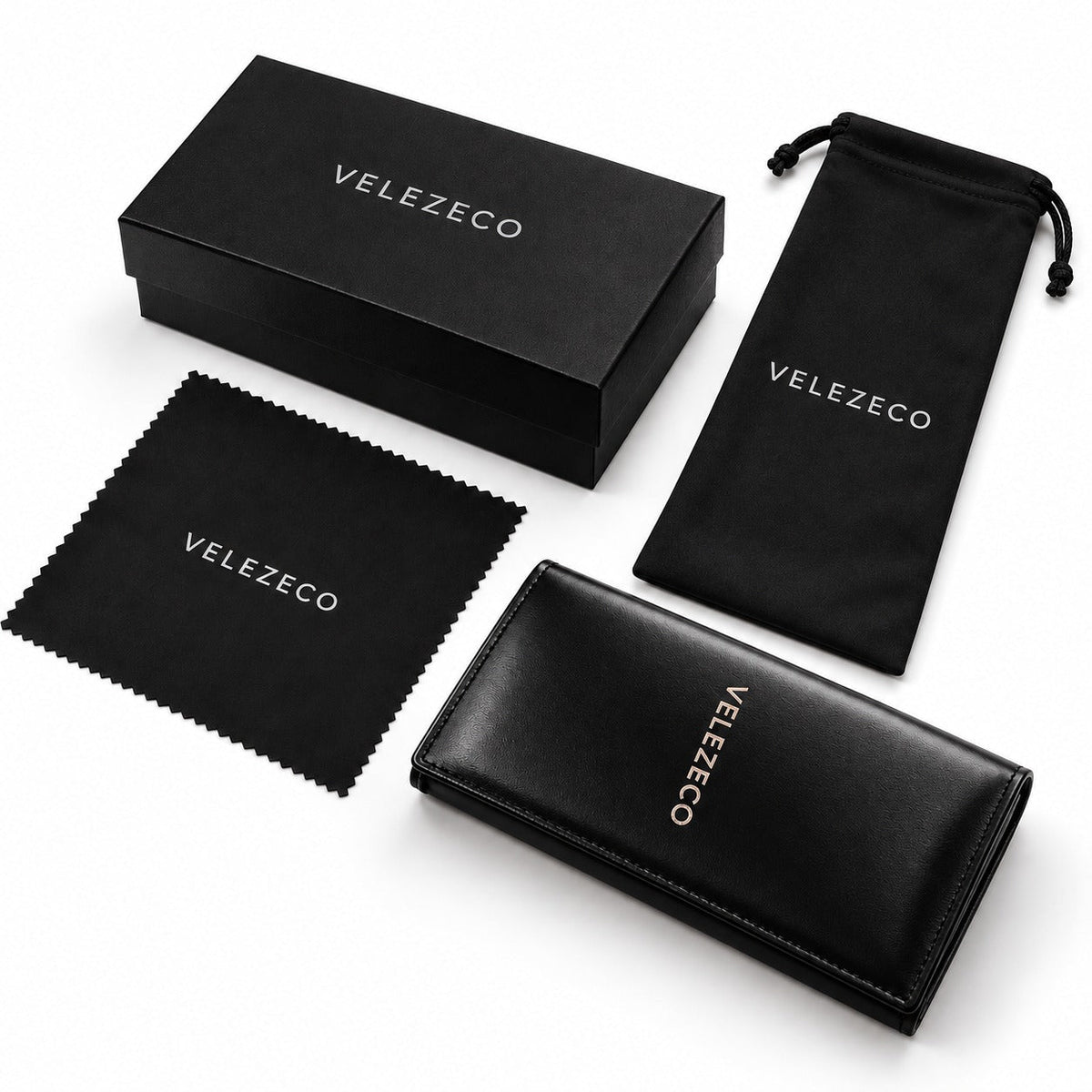 Velezeco sunglasses gift box, leather case, pouch and cleaning cloth included