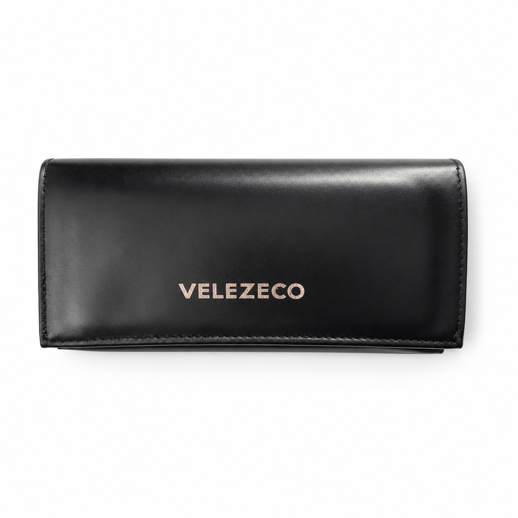 Velezeco black leather sunglasses case with rose-gold logo, front view