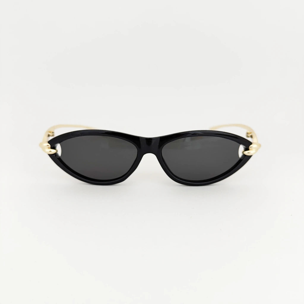 VELEZECO Santorini black cat-eye sunglasses with dark lenses and gold arms – open frame view — Black#opt1_2
