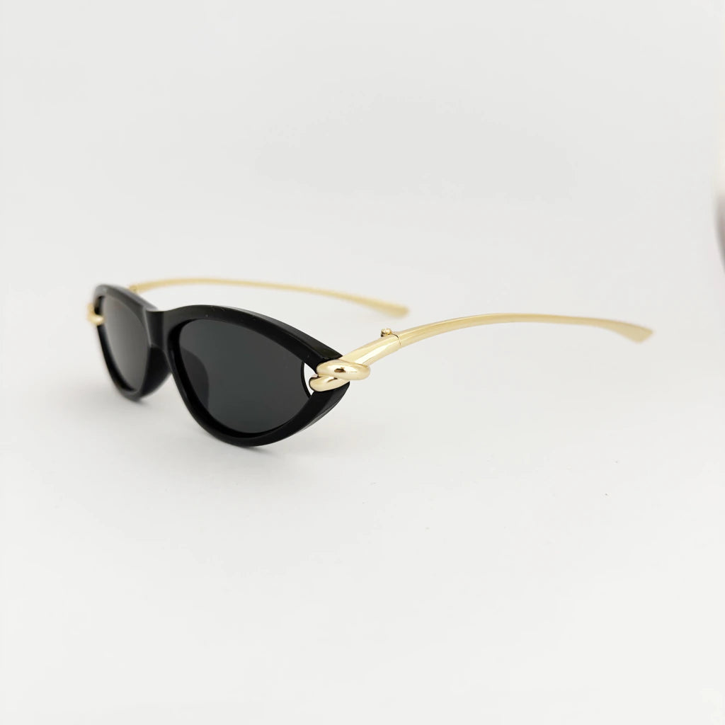 VELEZECO Santorini black cat-eye sunglasses with dark lenses and gold temples – side view — Black#opt1_2