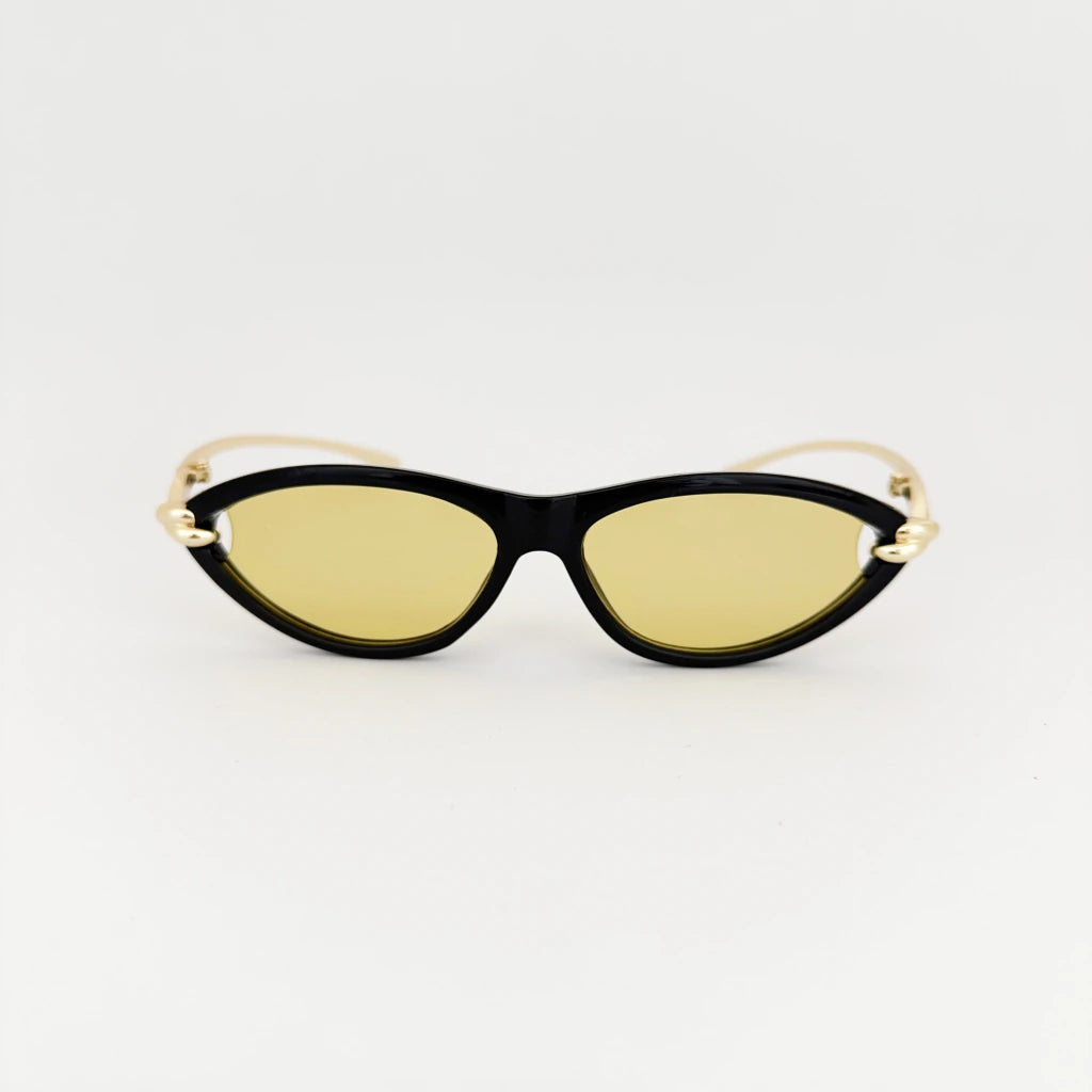 VELEZECO Santorini black cat-eye sunglasses with yellow lenses and gold arms – open frame view — Yellow#opt1_3