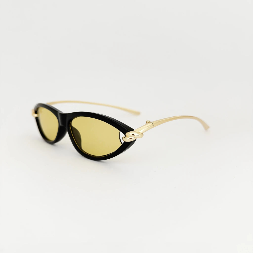 VELEZECO Santorini black cat-eye sunglasses with yellow lenses and gold temples – side view — Yellow#opt1_3
