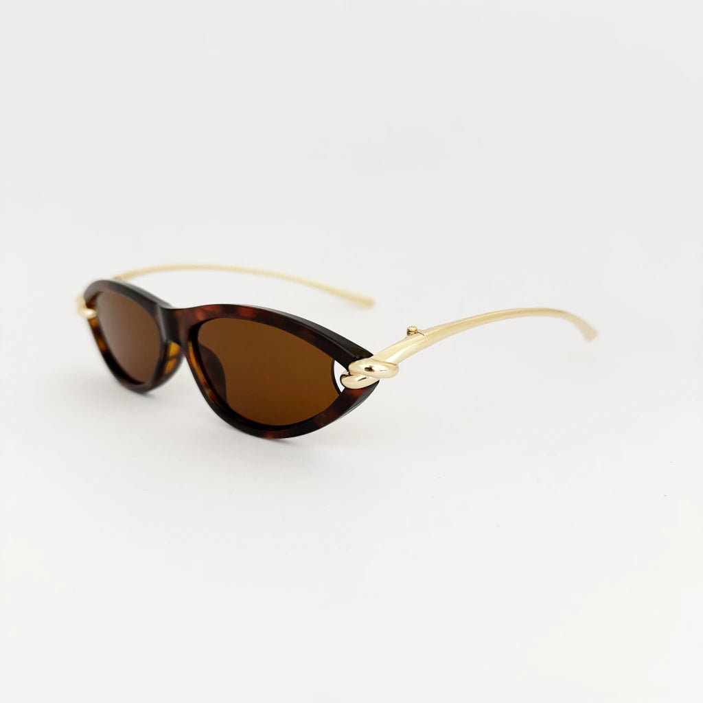 VELEZECO Santorini tortoiseshell cat-eye sunglasses with brown lenses and gold temples – side view — Tortoiseshell / Havana#opt1_1