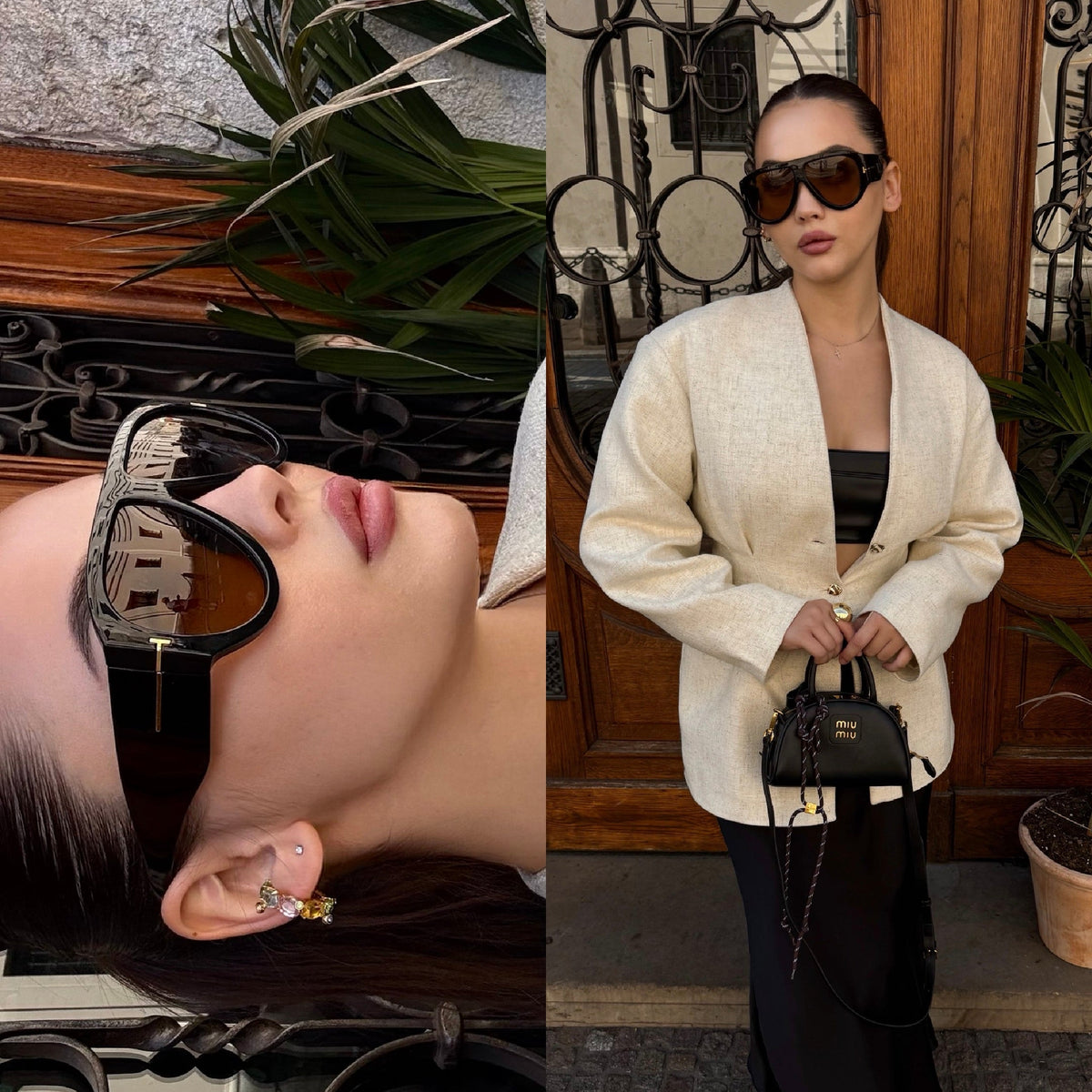 Woman wearing VELEZECO Veneza black oversized aviator sunglasses with brown lenses in street style photos