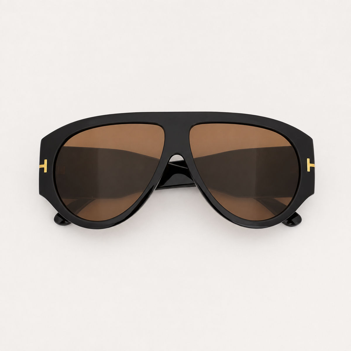 VELEZECO Veneza black oversized aviator sunglasses with brown lenses and gold details – front view — Brown#opt1_1