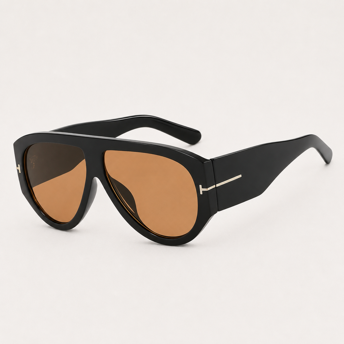 VELEZECO Veneza black oversized aviator sunglasses with brown lenses and gold temple details – side view — Brown#opt1_1